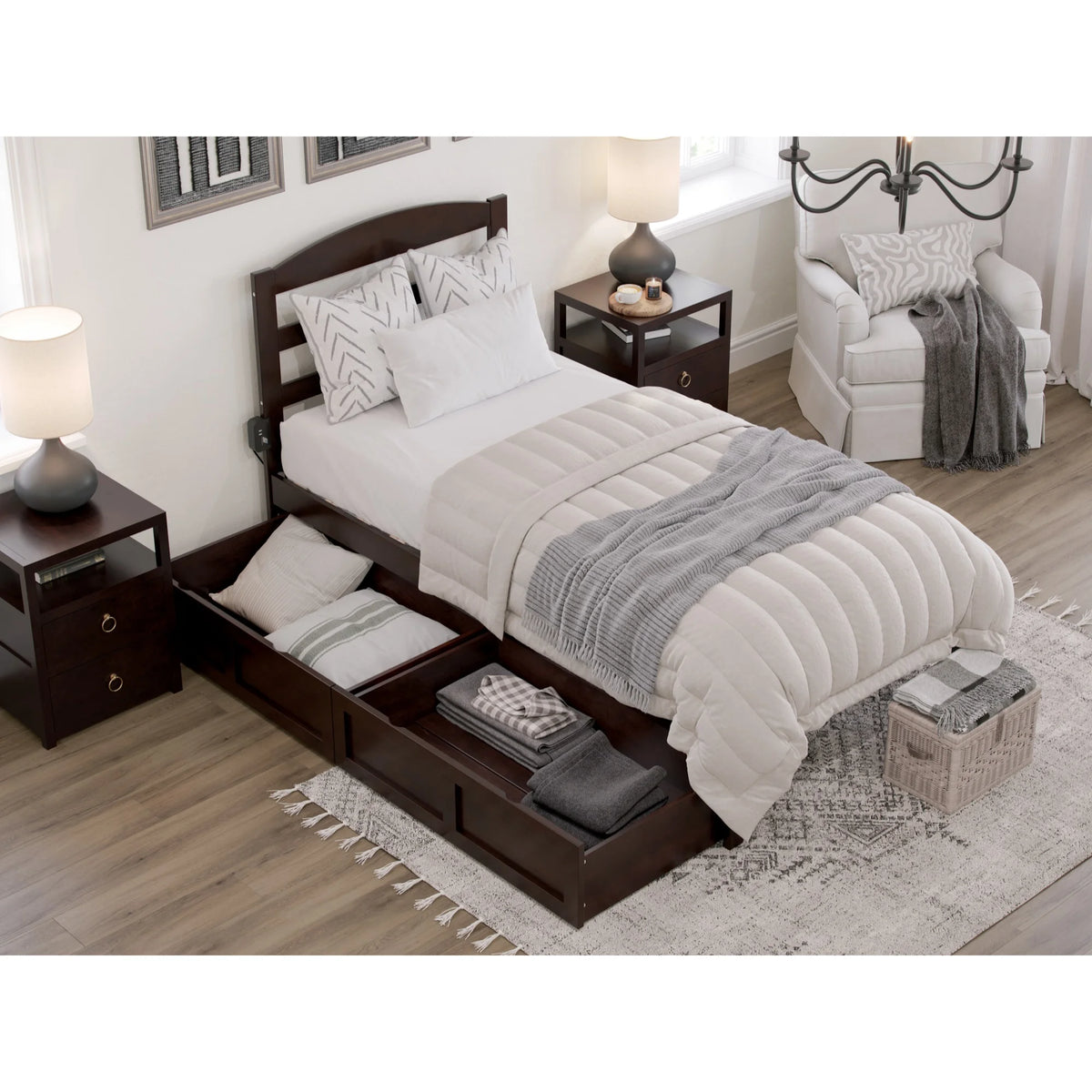 Solid Wood Platform Bed with Storage Drawers Twin XL Espresso Q94990