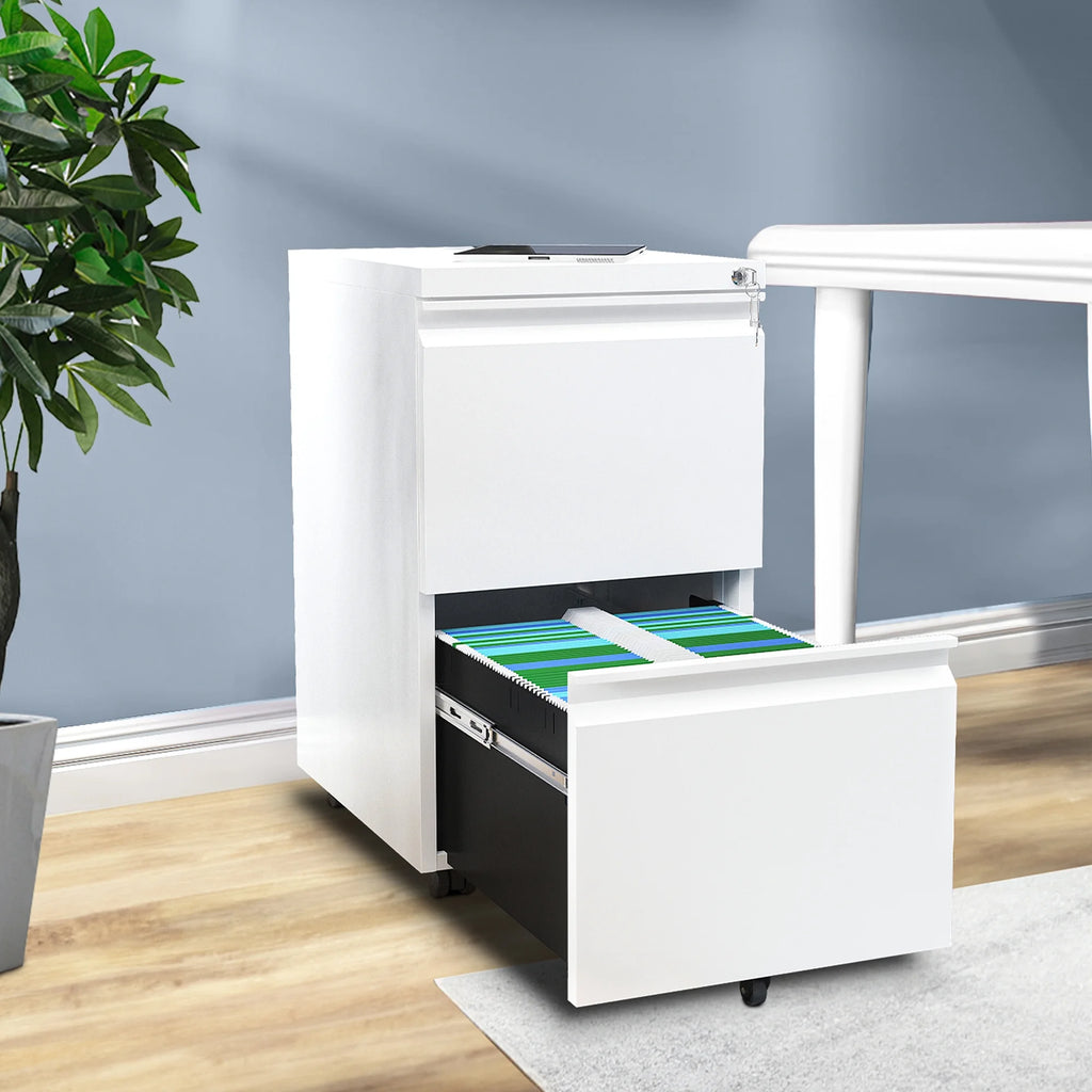 White 2-Drawer Mobile Metal File Cabinet with Lock O1373
