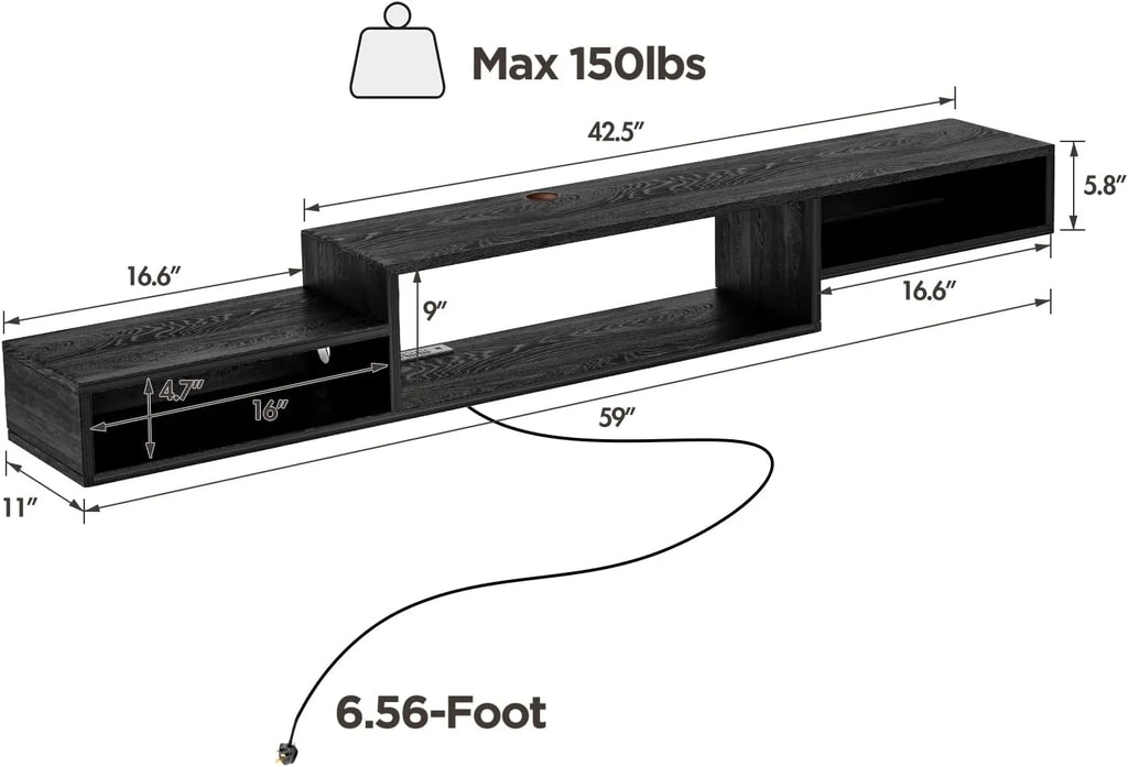 Wall Mounted Floating TV Stand with Power Outlet 59" Black J142887