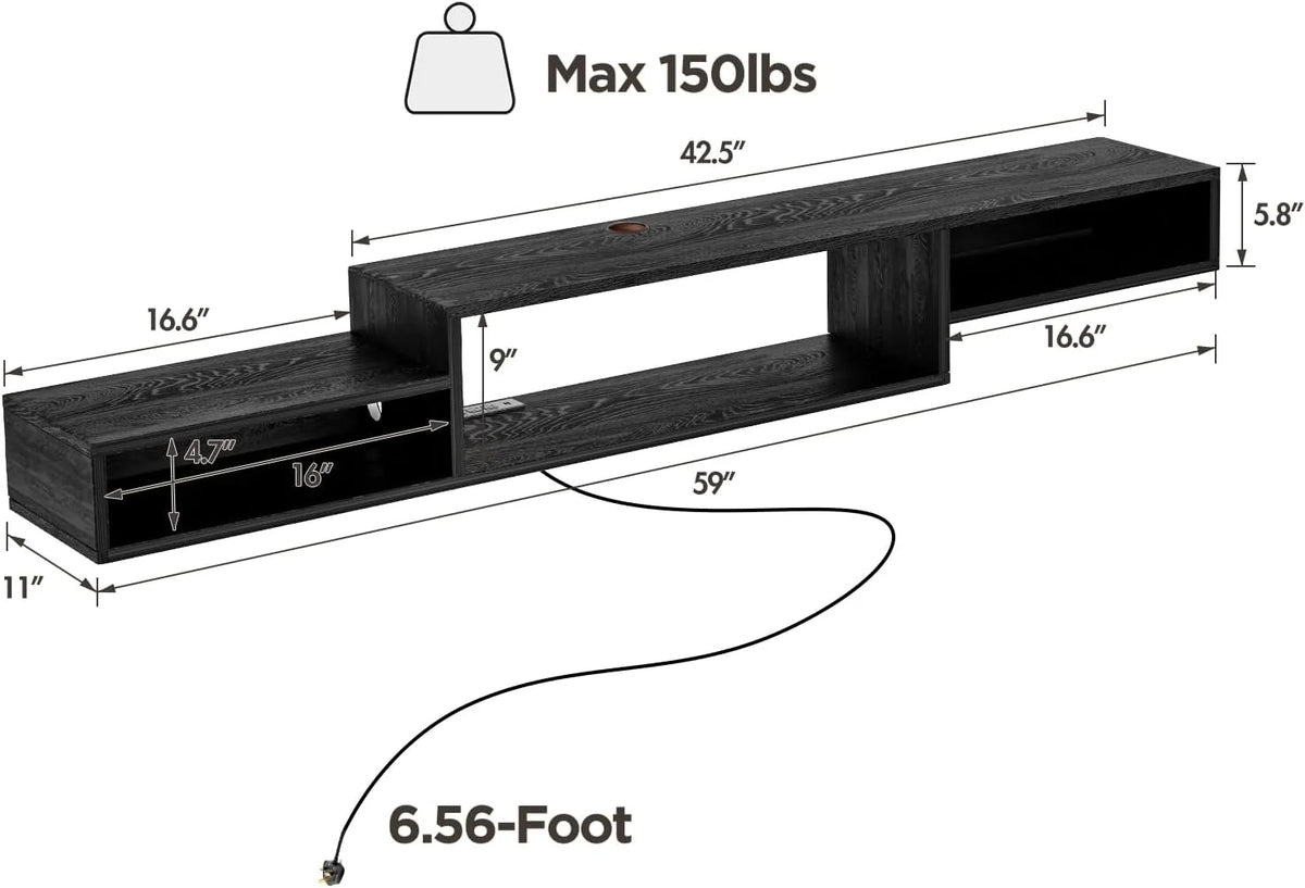 Wall Mounted Floating TV Stand with Power Outlet 59" Black J142887
