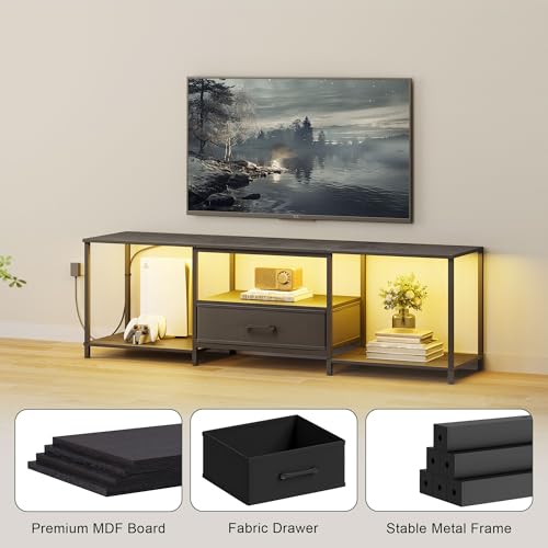 Black TV Stand with Fabric Drawer and Open Shelves F8930