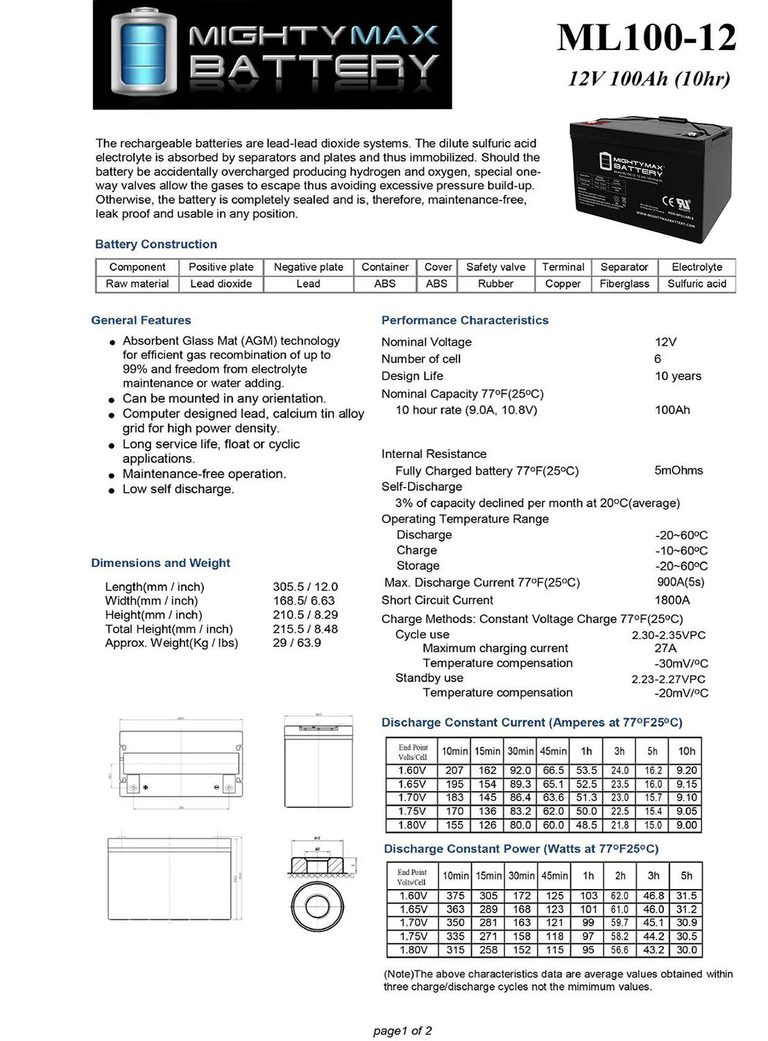 12V 100Ah SLA AGM Battery J21993