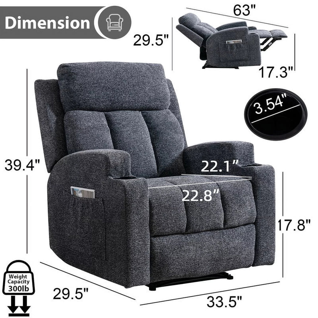 Manual Massage Recliner Chair with Heat, Side Pockets and Cup Holders, Overstuffed Breathable Fabric Reclining Chair, Single Sofa Y296637