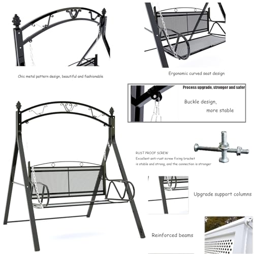 Black Metal Patio Porch Swing with A-Frame Stand Heavy Duty Hanging Chair Bench with Adjustable Chains P351