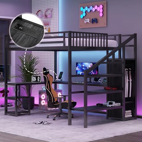 Queen Size Black Metal Loft Bed with Desk and Wardrobe O7948