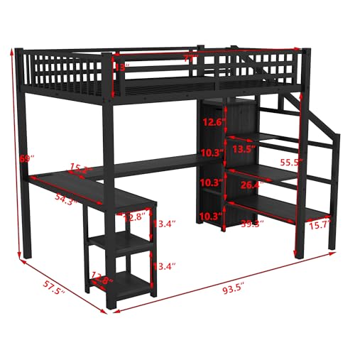 Queen Size Black Metal Loft Bed with Desk and Wardrobe O7948