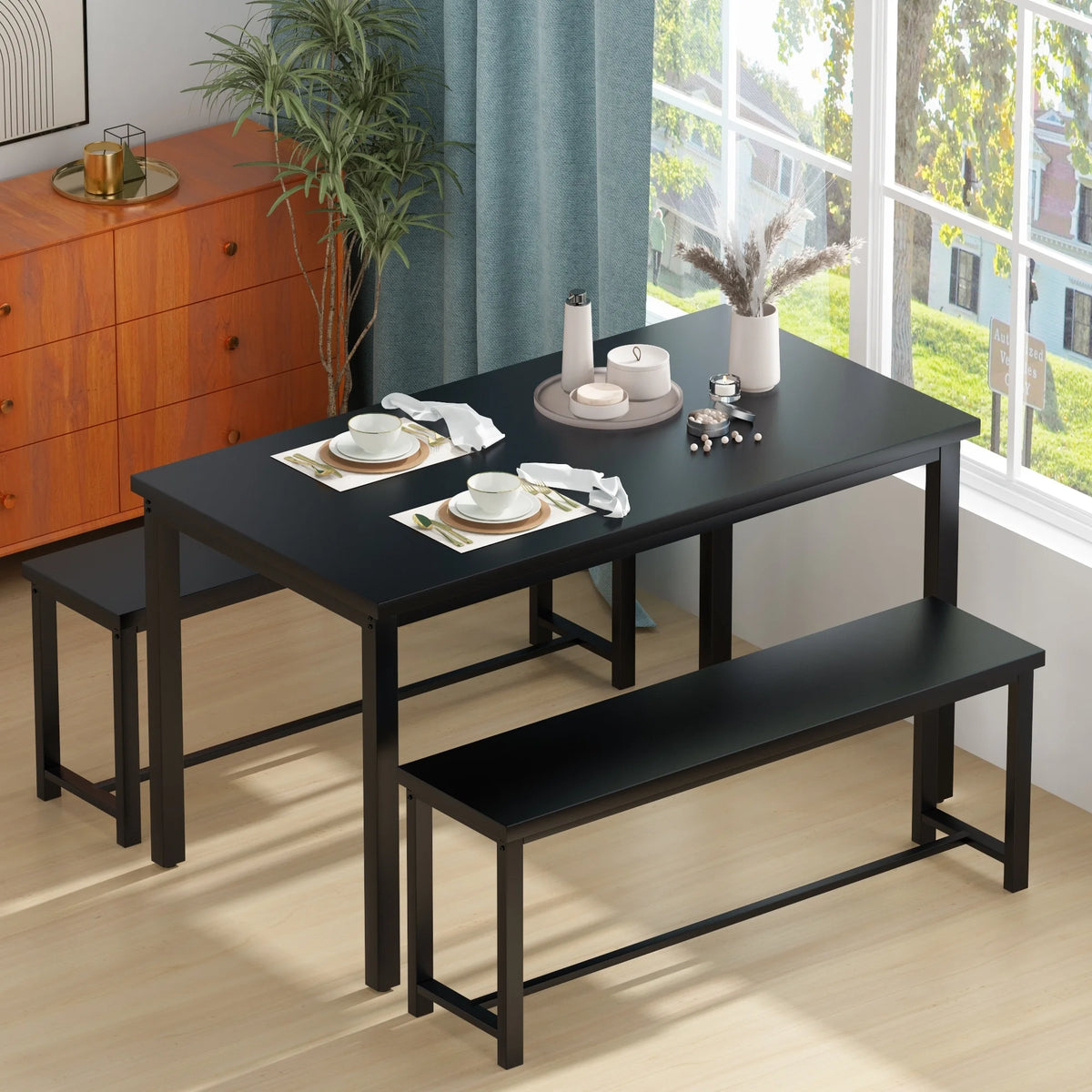 3 Piece Dining Table with 2 Benches Set Black B3272