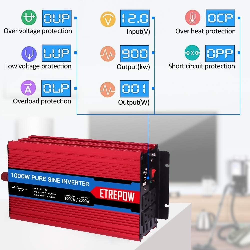 1000 Watt Pure Sine Wave Power Inverter 12V DC to 110V AC K90707