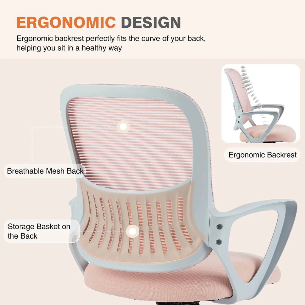 Pink Ergonomic Mesh Office Chair with Lumbar Support and Arms N126