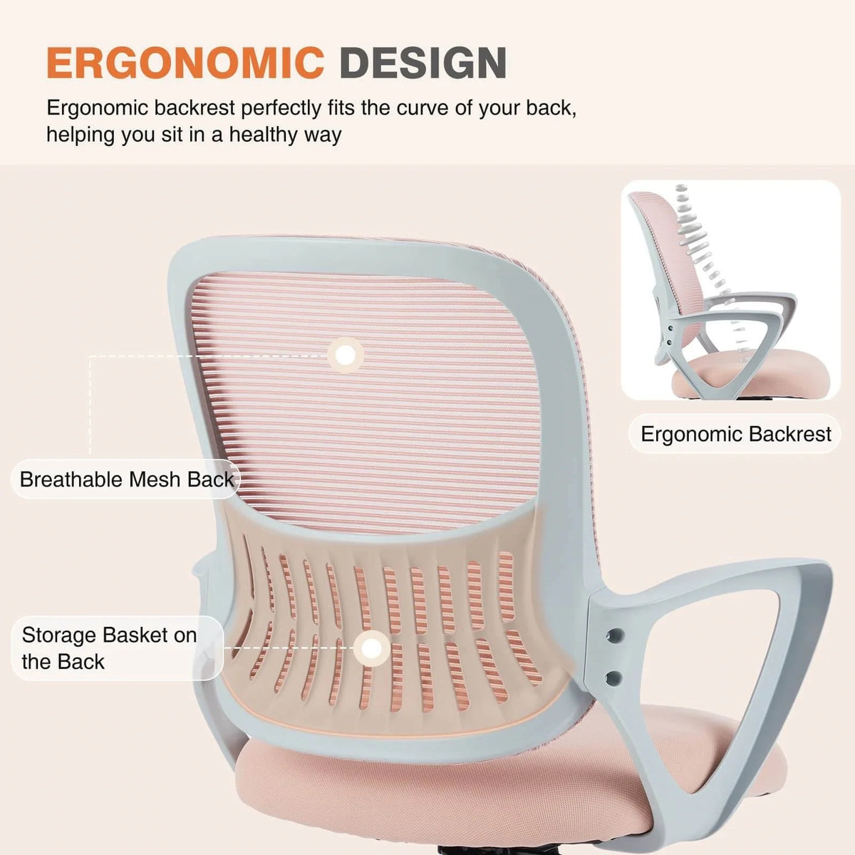 Pink Ergonomic Mesh Office Chair with Lumbar Support and Arms N126