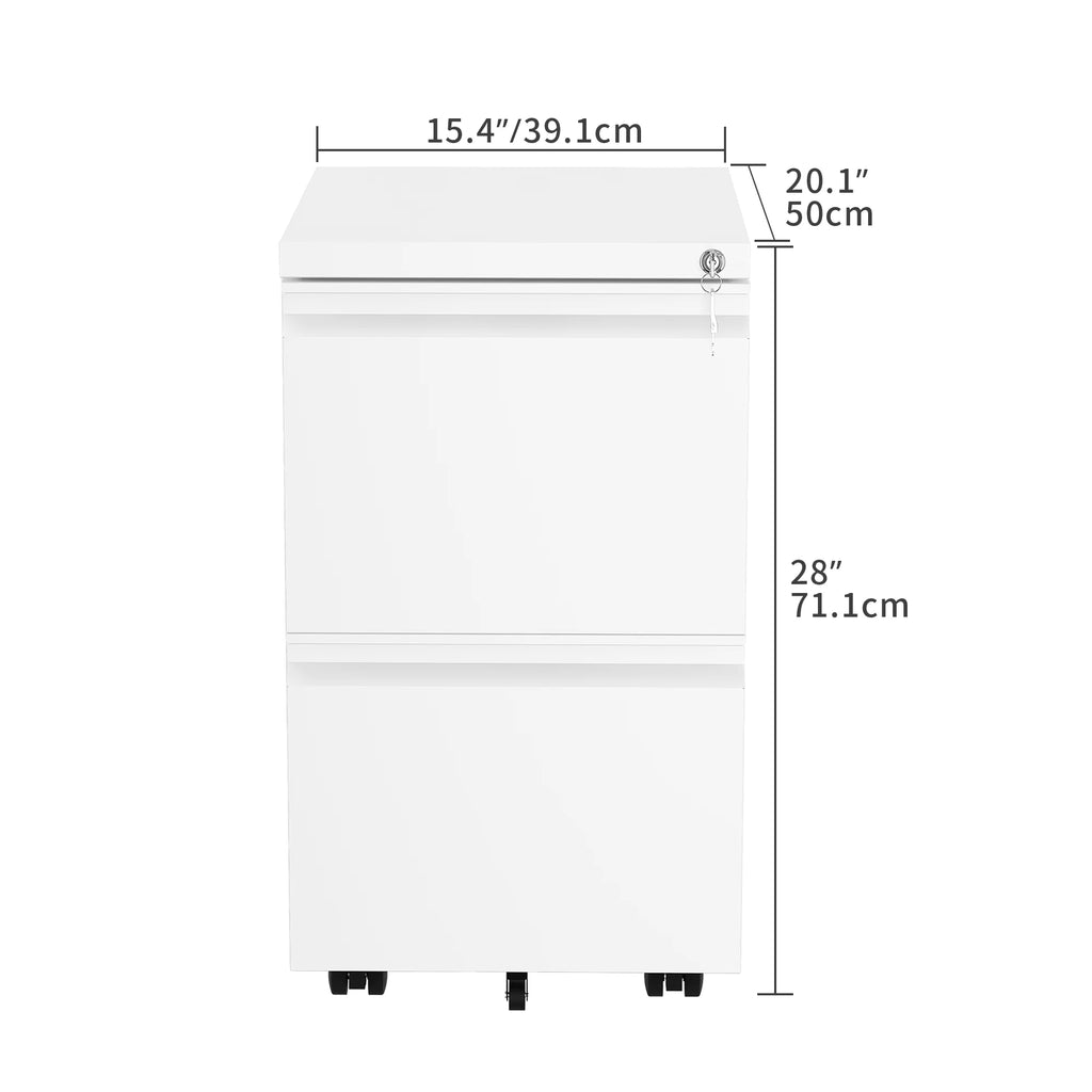 White 2-Drawer Mobile Metal File Cabinet with Lock O1373