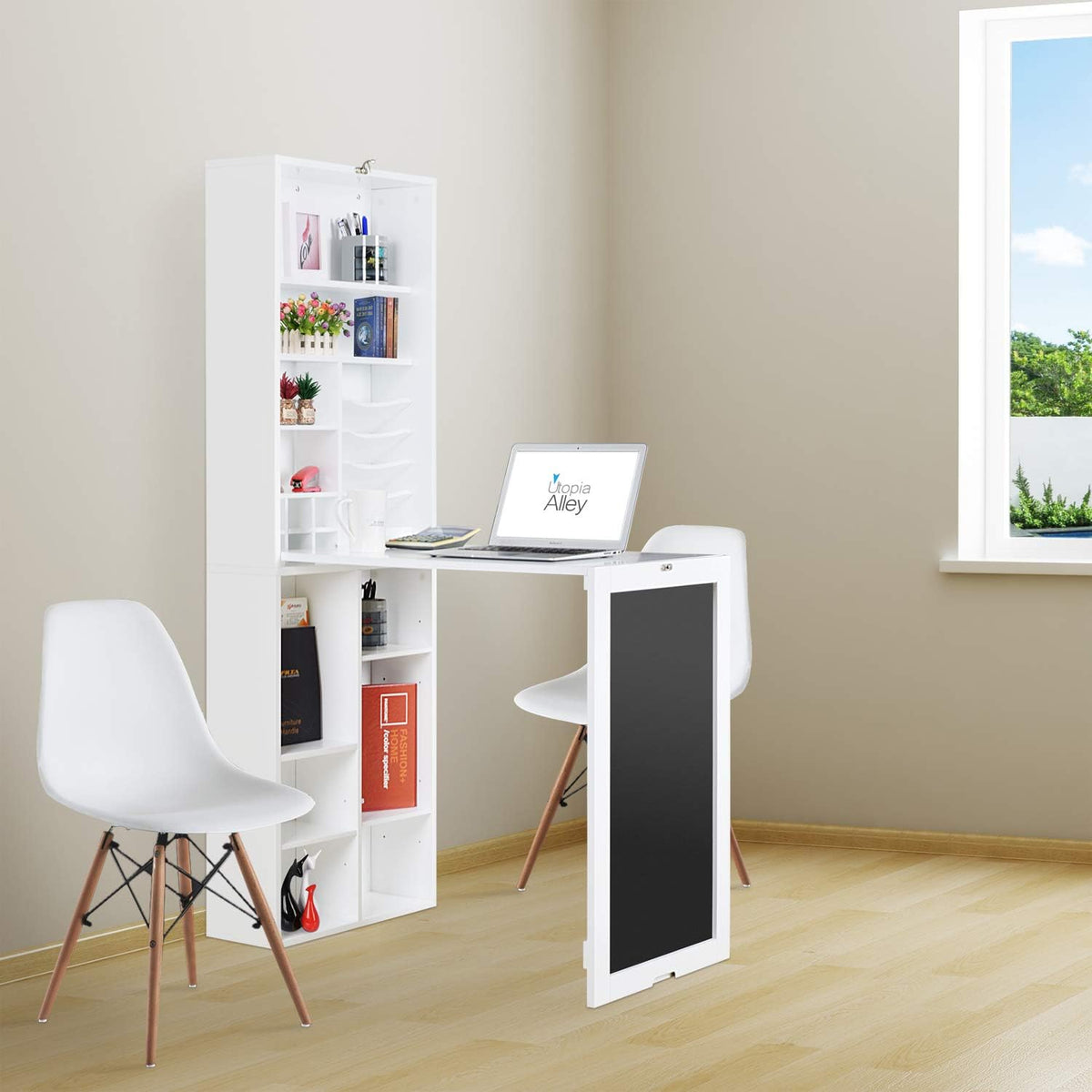 Collapsible Fold Down Desk Table Wall Cabinet with Chalkboard and Bottom Shelf, White S553716
