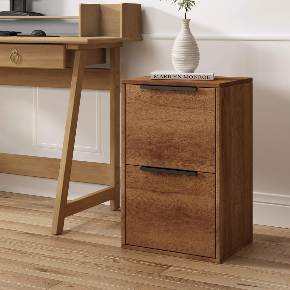 Wooden Lateral File Cabinet with Drawer, Open Storage Shelves K548