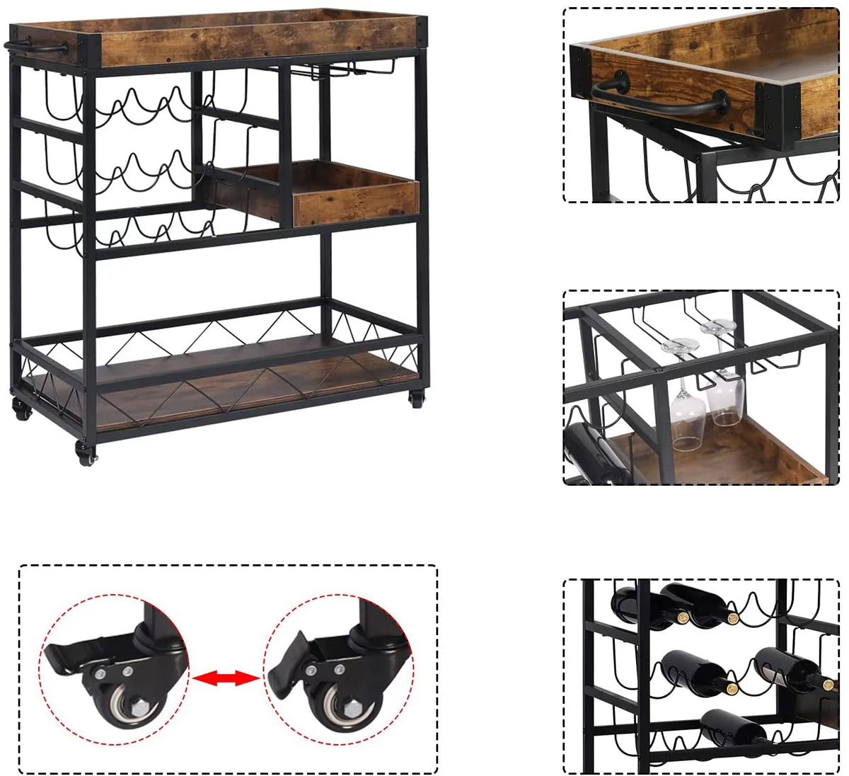 Rustic Brown Bar Cart with Wine Rack X56065