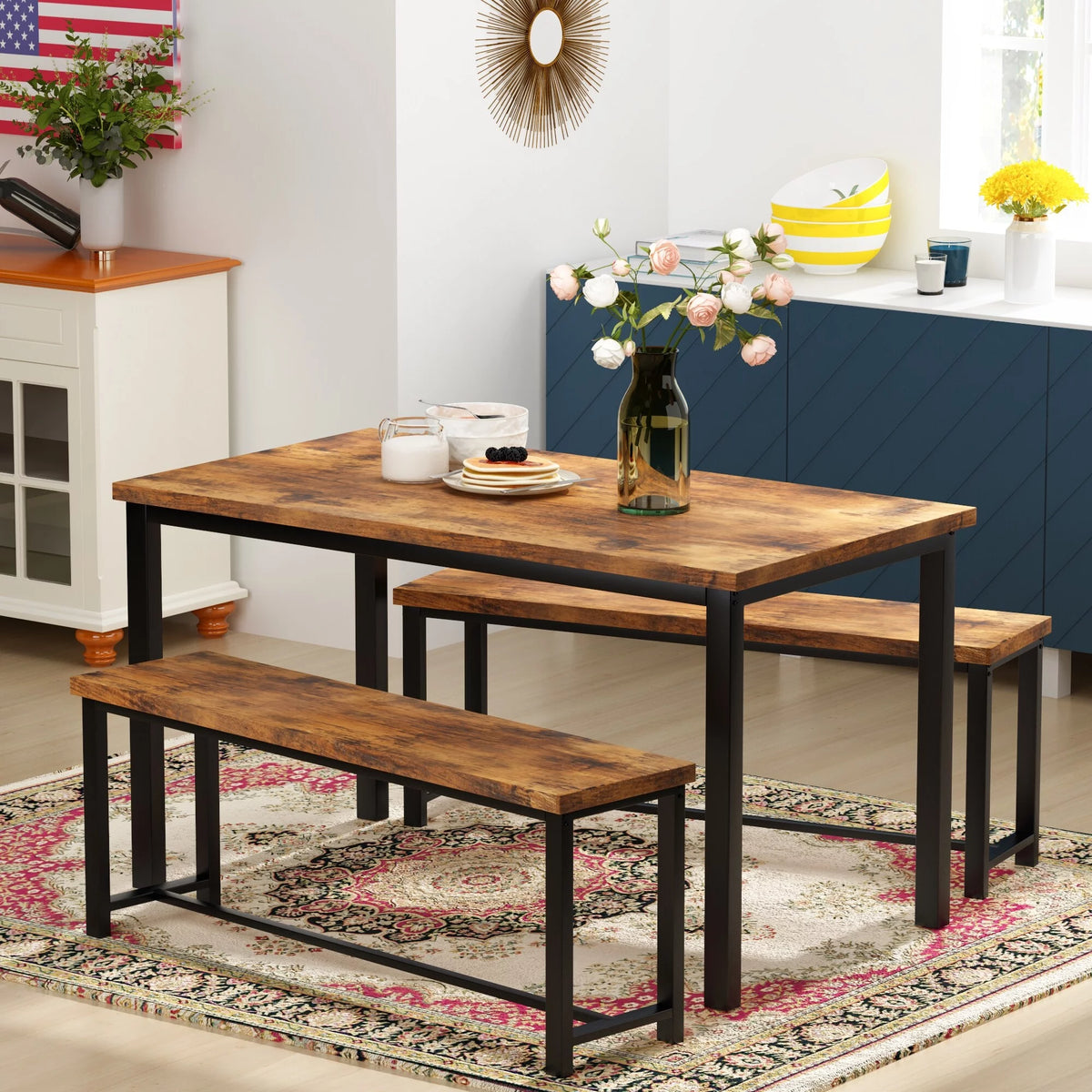 3 Piece Dining Table with 2 Benches Set Black B3272
