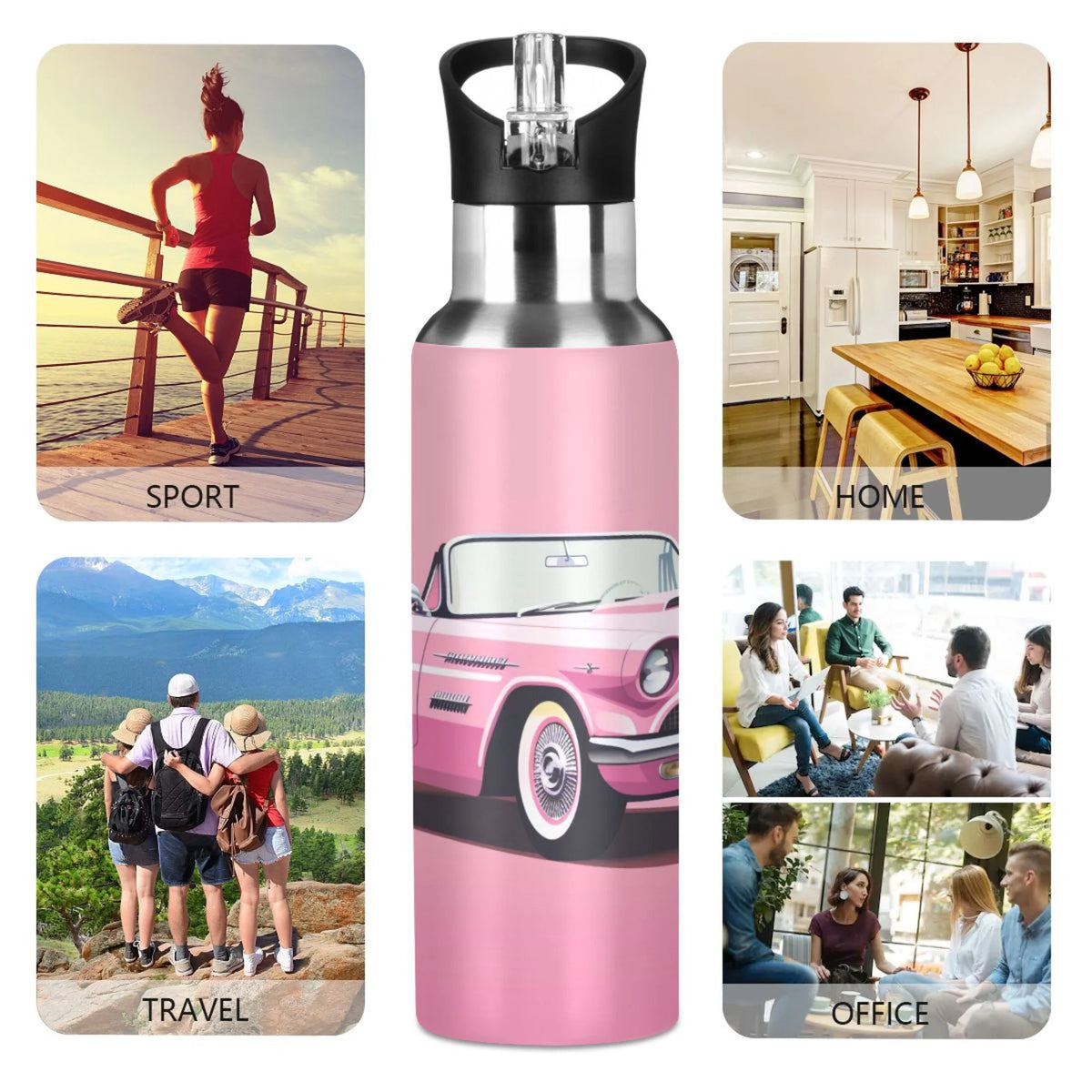 Pink Insulated Stainless Steel Water Bottle with Straw Lid 20 oz H12021