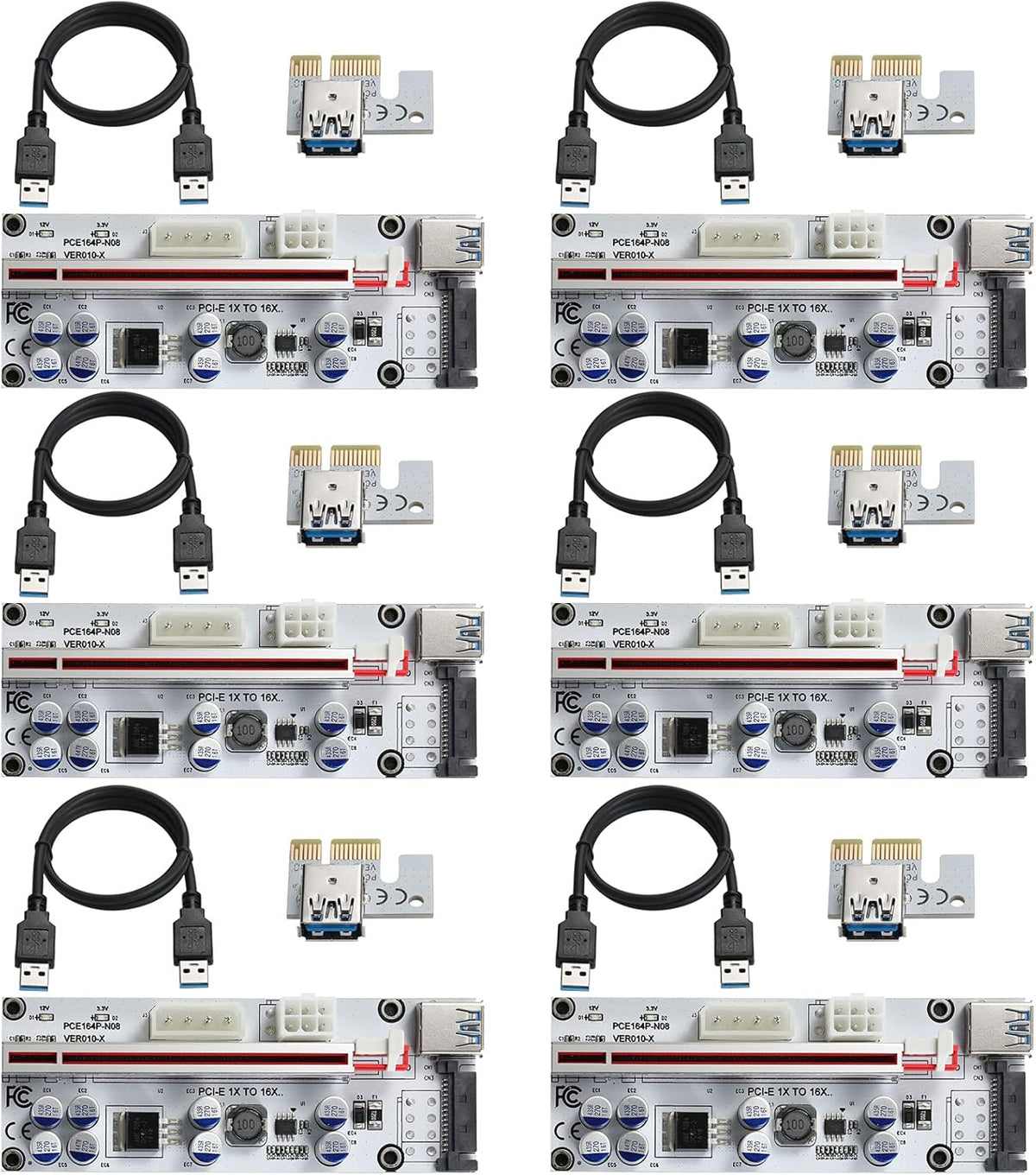 Black PCI-E 1X to 16X Riser Card with 24in USB 3.0 Extension Cable & 6PIN SATA Power Cable (6 Pieces) V753377