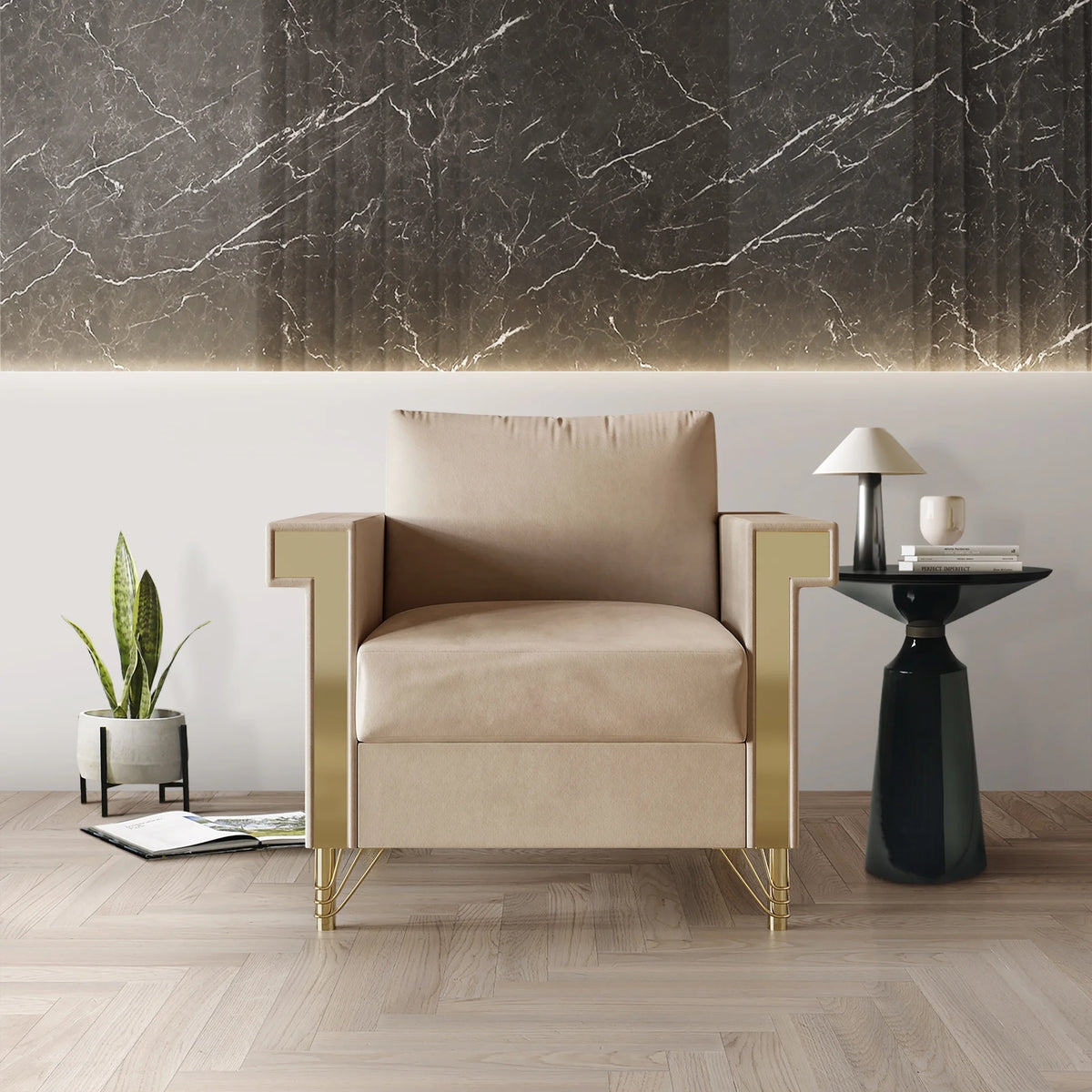 Beige Velvet Upholstered Armchair A599