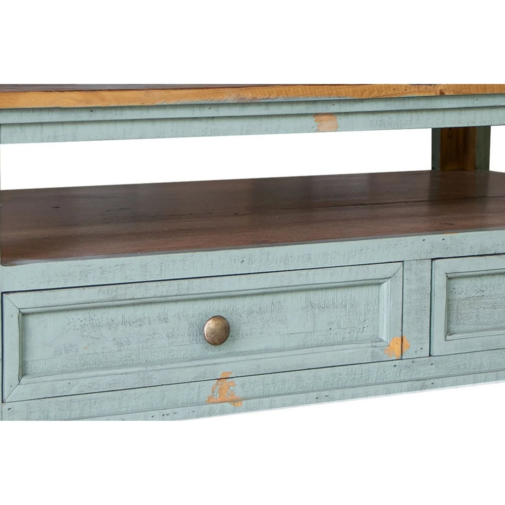 50 Inch 4 Drawers Teal Blue Pine Wood Coffee Table L56615