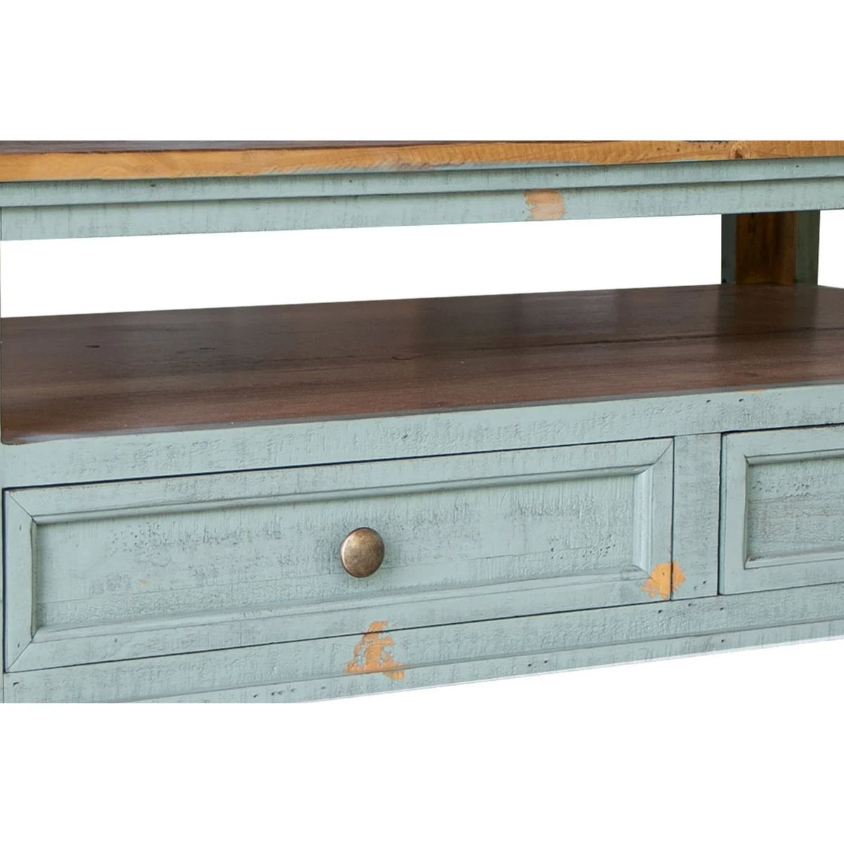 50 Inch 4 Drawers Teal Blue Pine Wood Coffee Table L56615