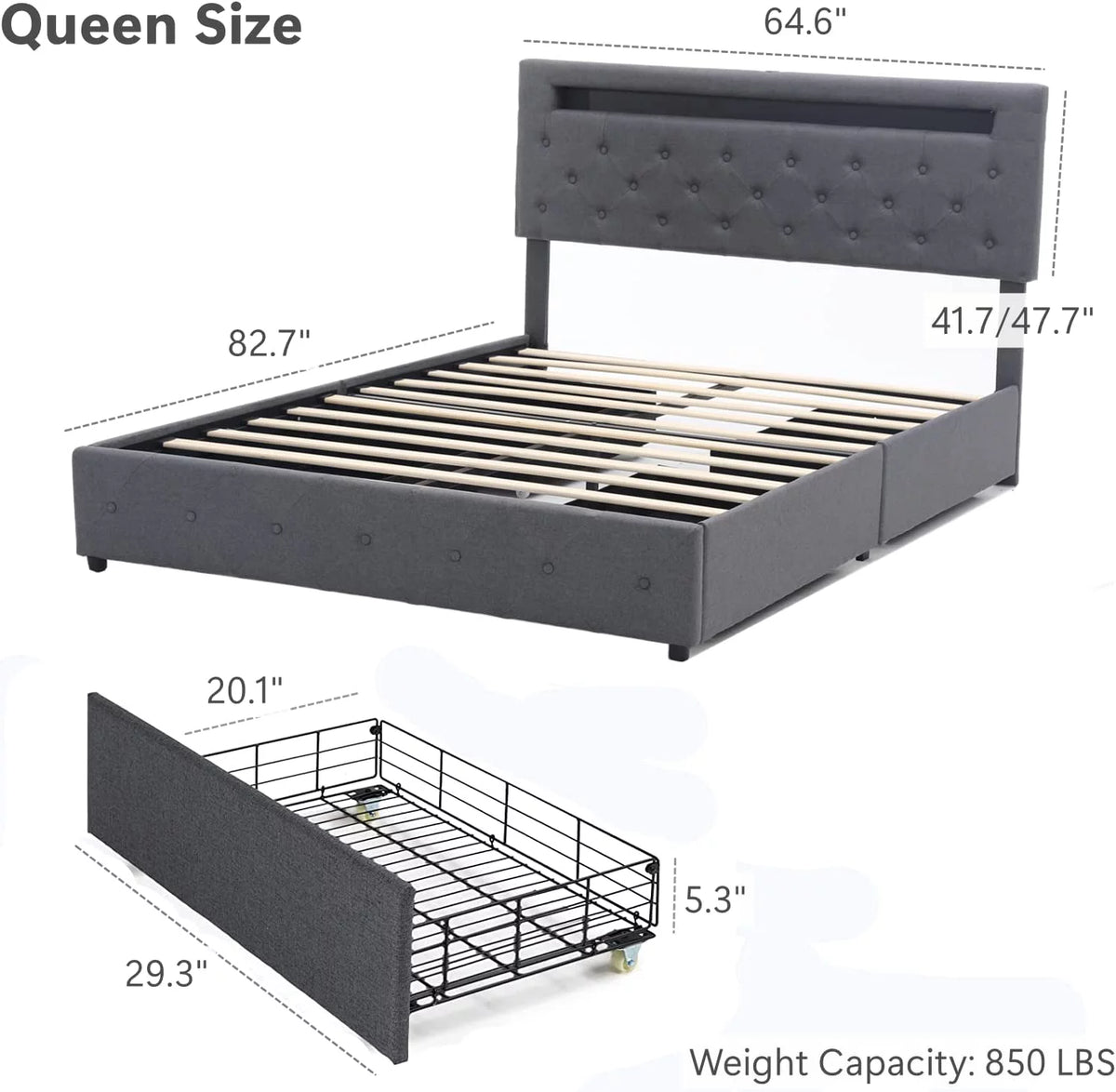 Full Size Upholstered Platform Bed Frame with LED Light Headboard N672