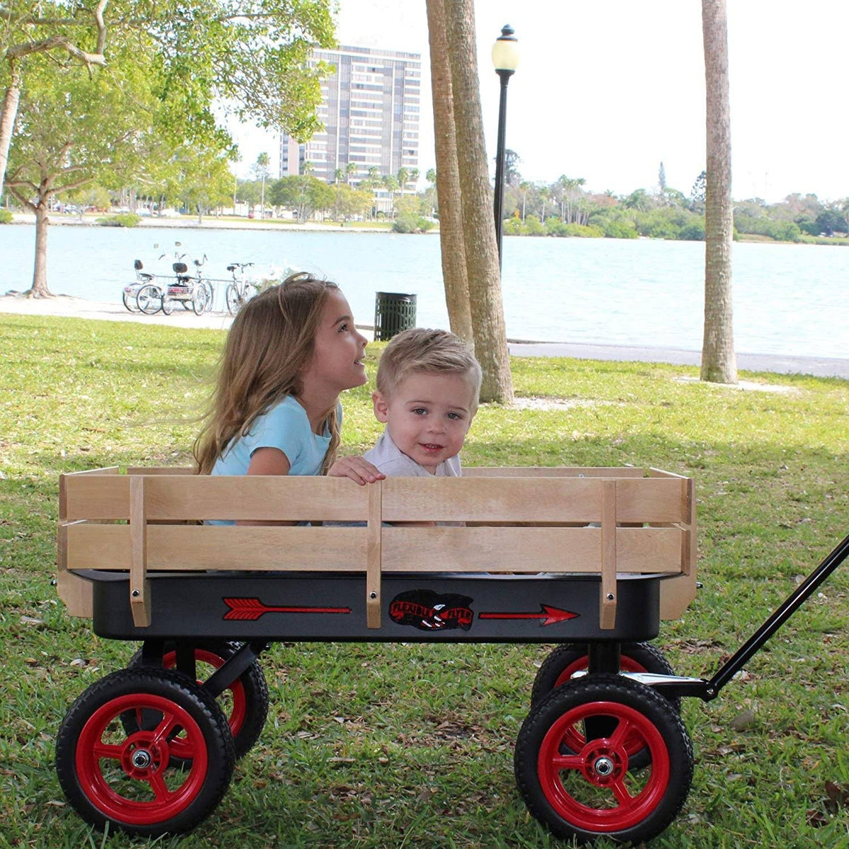 Black and Red Wood and Steel Wagon with Handle G8972