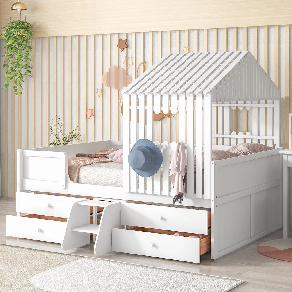 Full Size Low Loft Bed with Four Drawers White W359