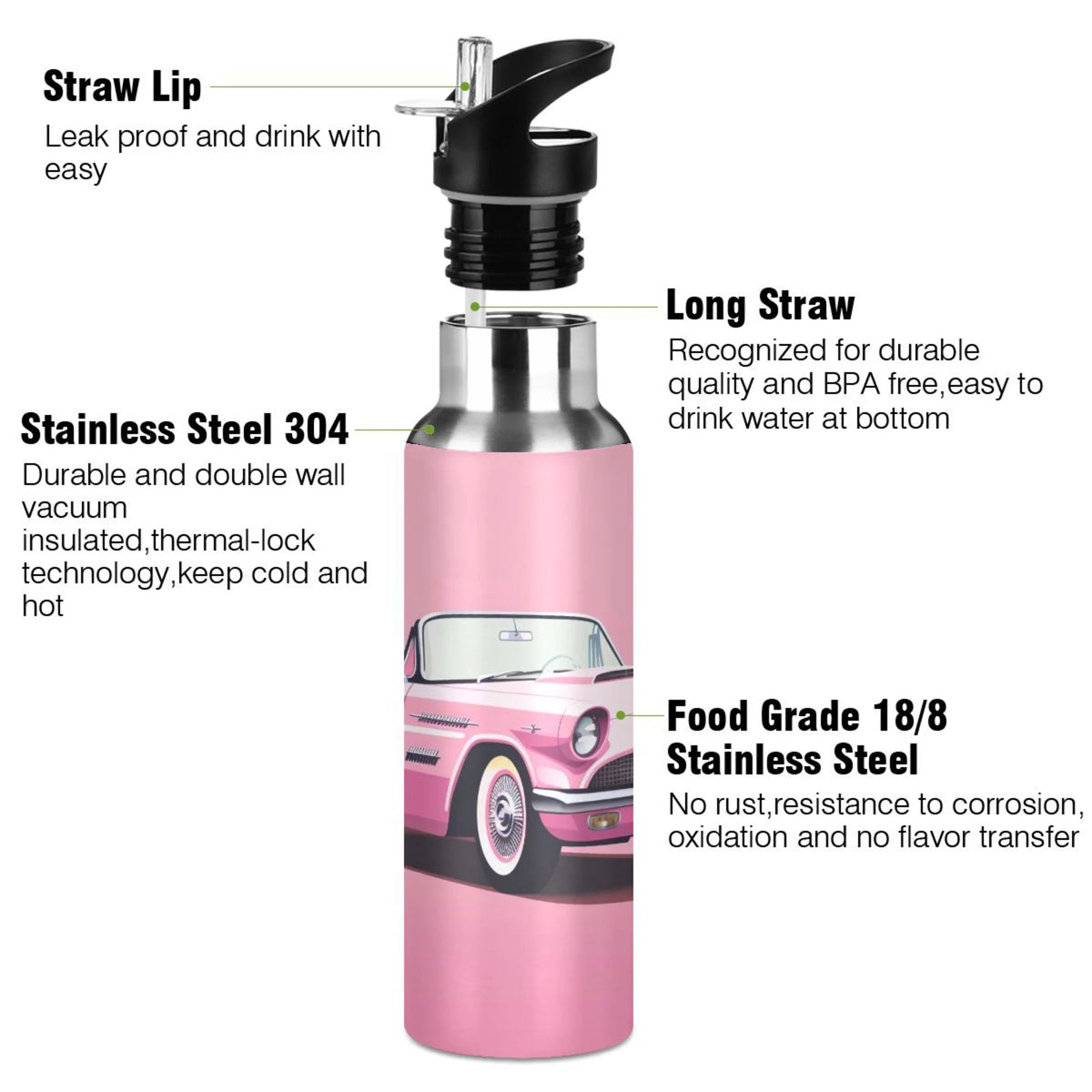 Pink Insulated Stainless Steel Water Bottle with Straw Lid 20 oz H12021