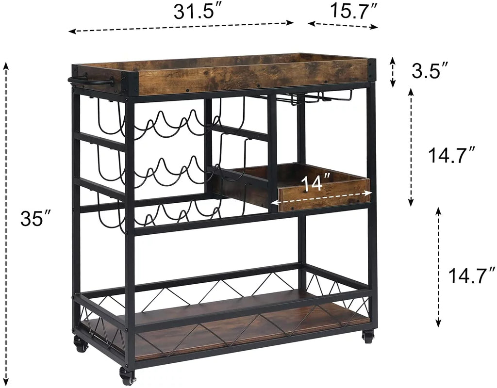 Rustic Brown Bar Cart with Wine Rack X56065
