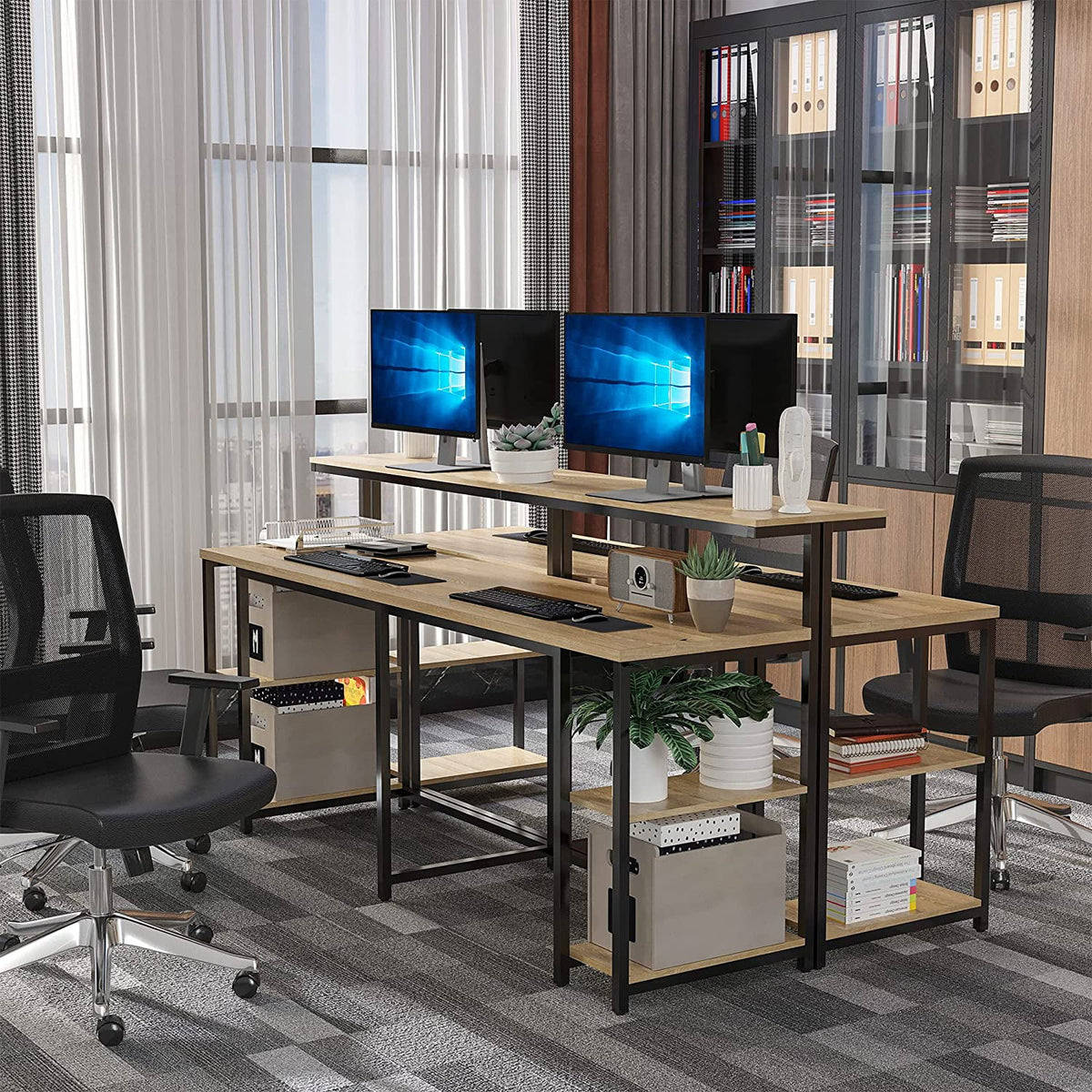 Brown Double Computer Desk with Monitor and CPU Stand R70374