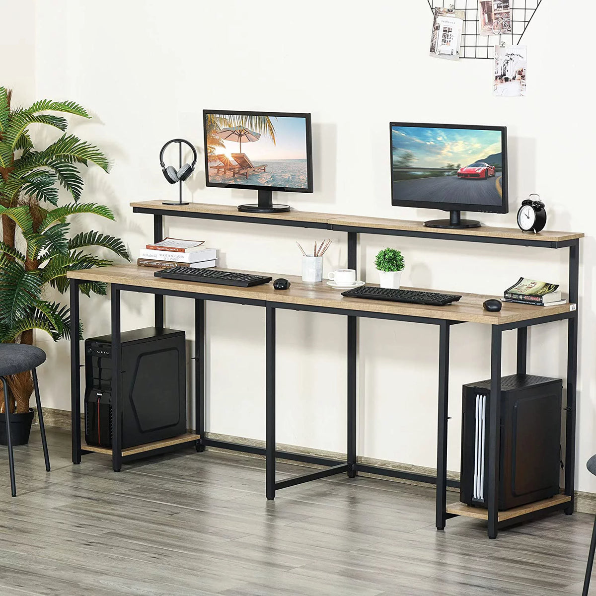 Brown Double Computer Desk with Monitor and CPU Stand R70374