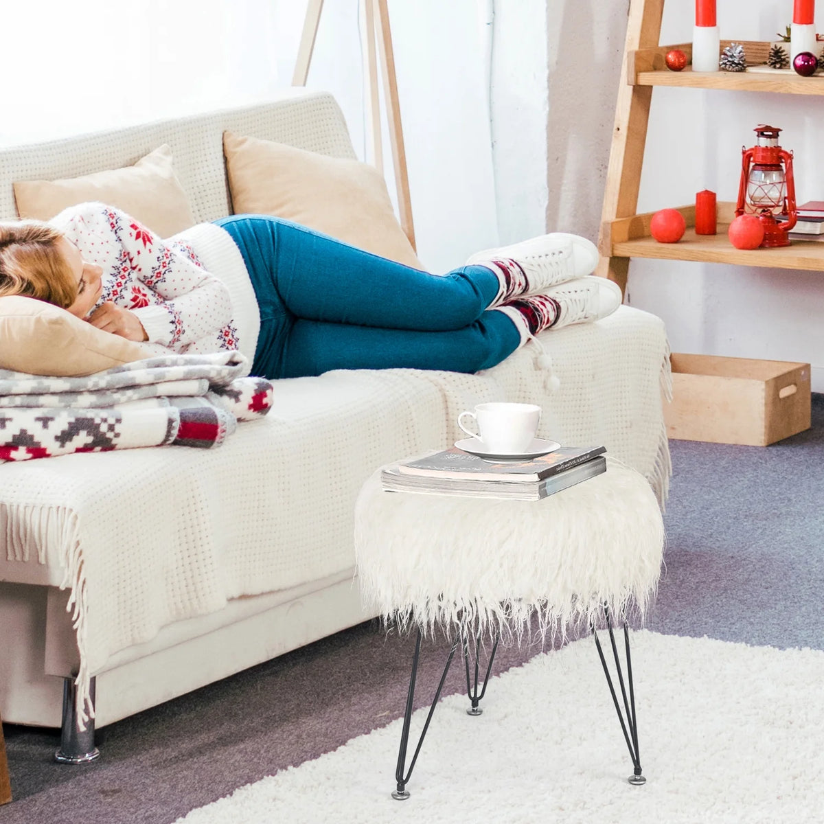 Faux Fur Ottoman Footrest with Metal Legs White G364