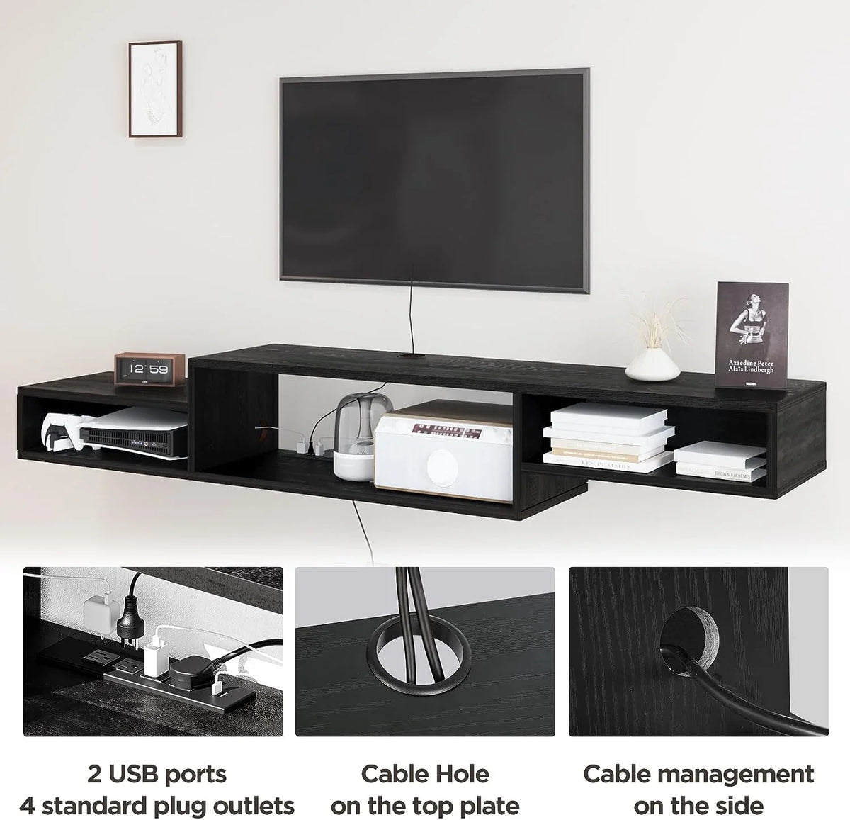 Wall Mounted Floating TV Stand with Power Outlet 59" Black J142887