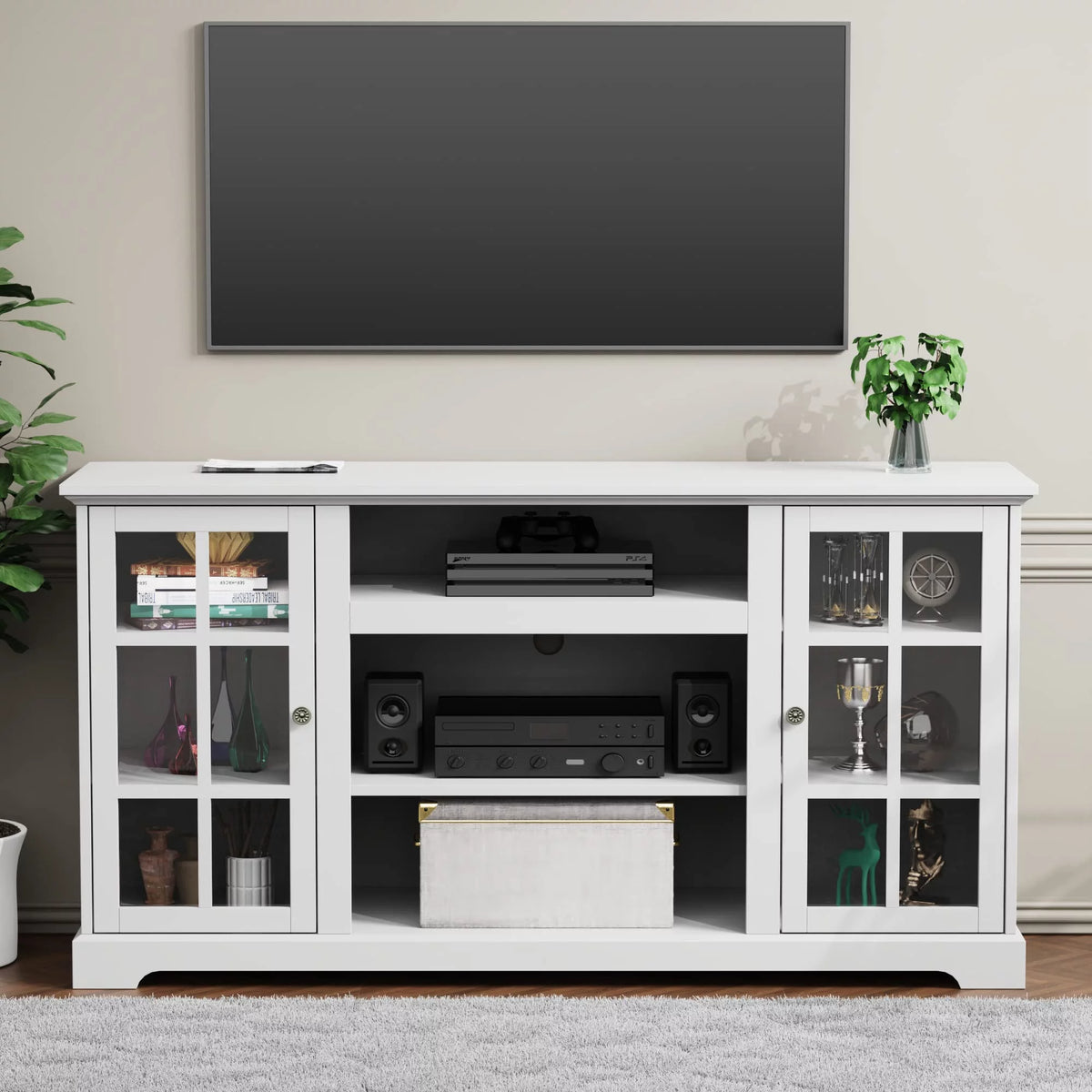White Wood TV Stand with Glass Doors D2419