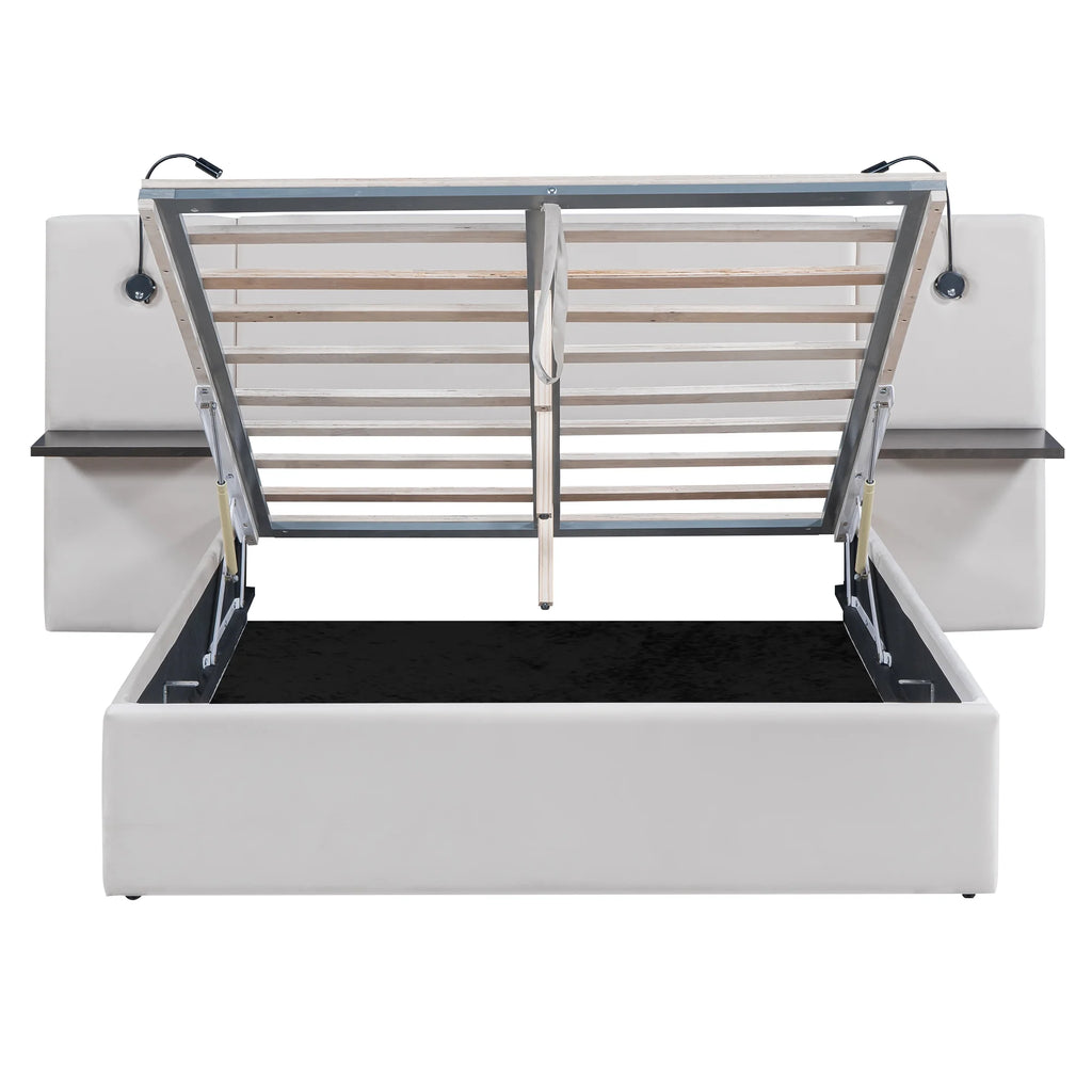 White Upholstered Platform Bed with Lift up Storage and LED Headboard N472174