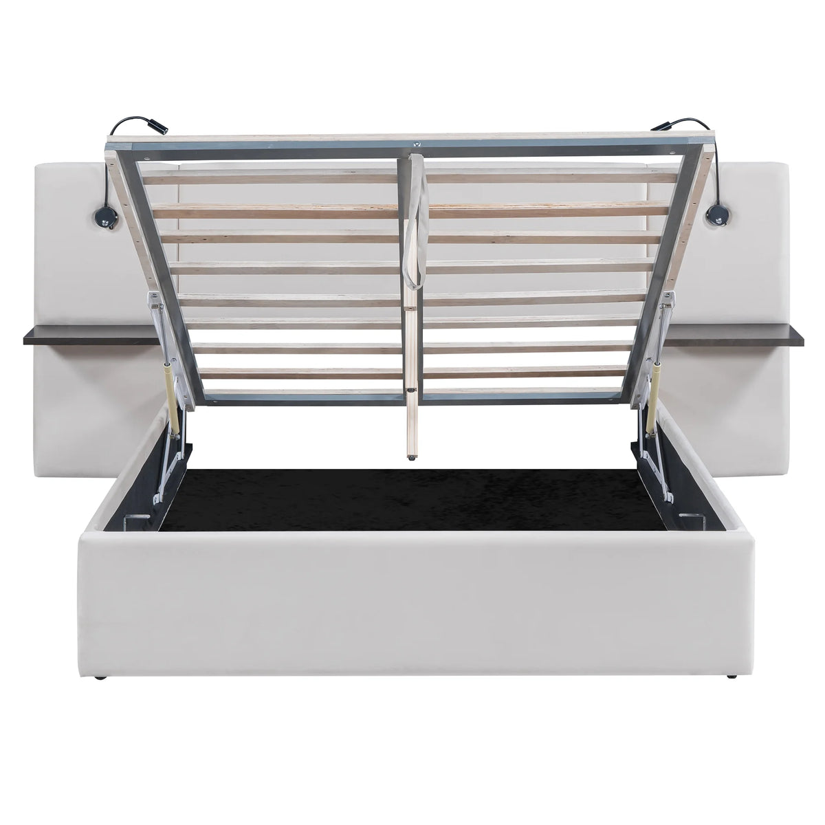 White Upholstered Platform Bed with Lift up Storage and LED Headboard N472174