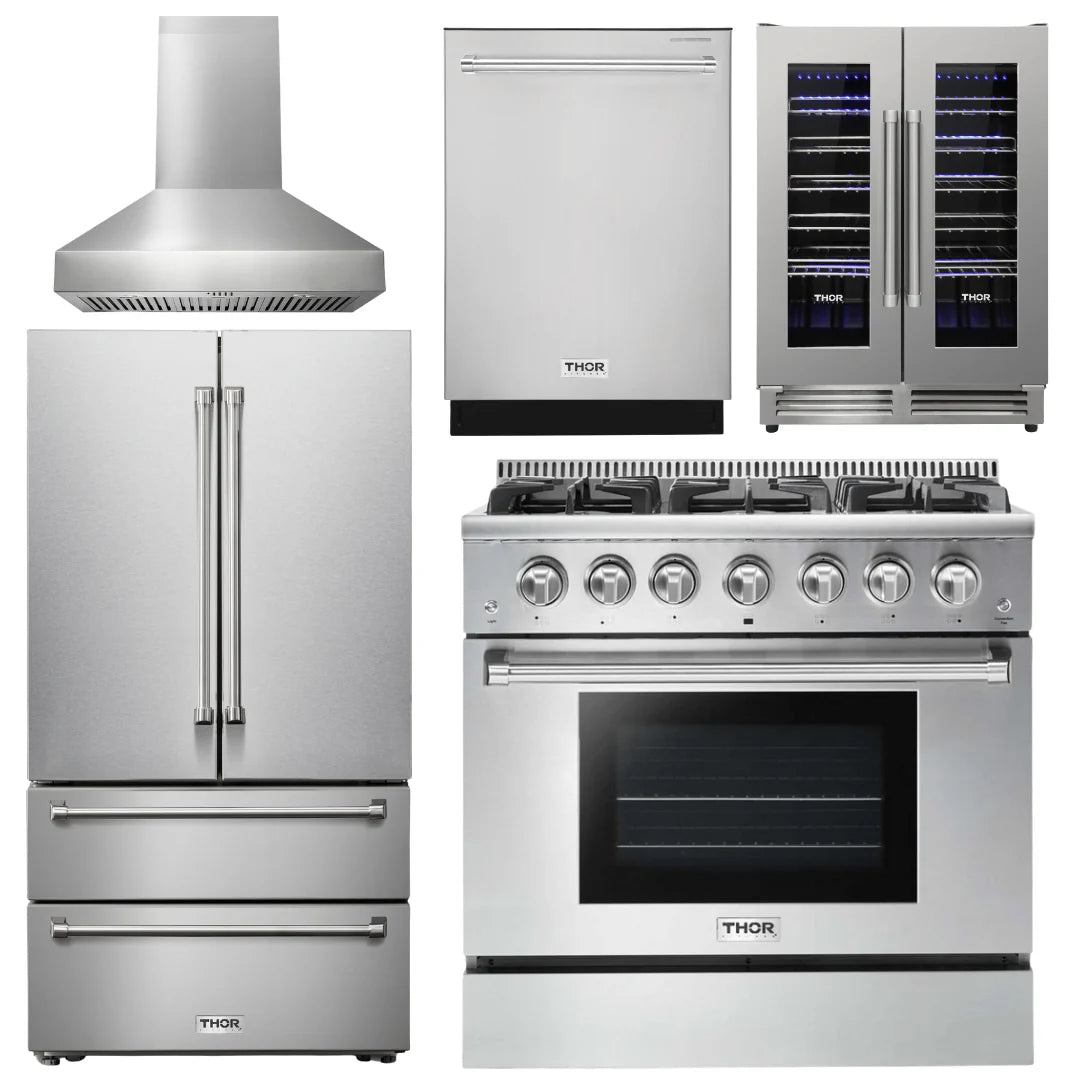 36 In. Natural Gas Range, Range Hood, Refrigerator, Dishwasher, Wine Cooler C96154