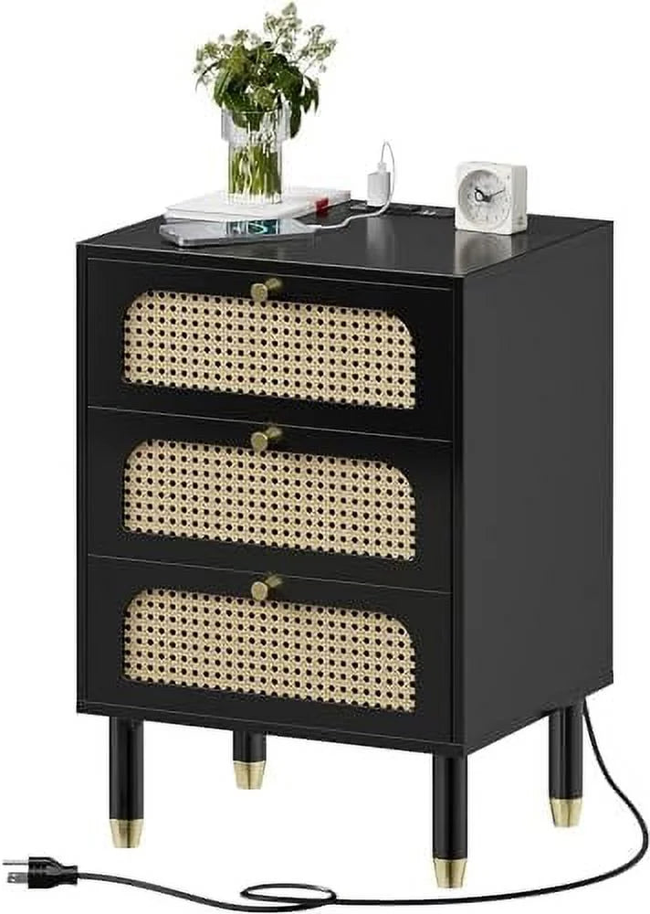 Black Rattan Nightstand Set of 2 with Charging Station 3 Drawers P385