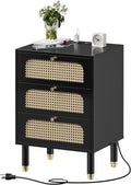 Black Rattan Nightstand Set of 2 with Charging Station 3 Drawers P385