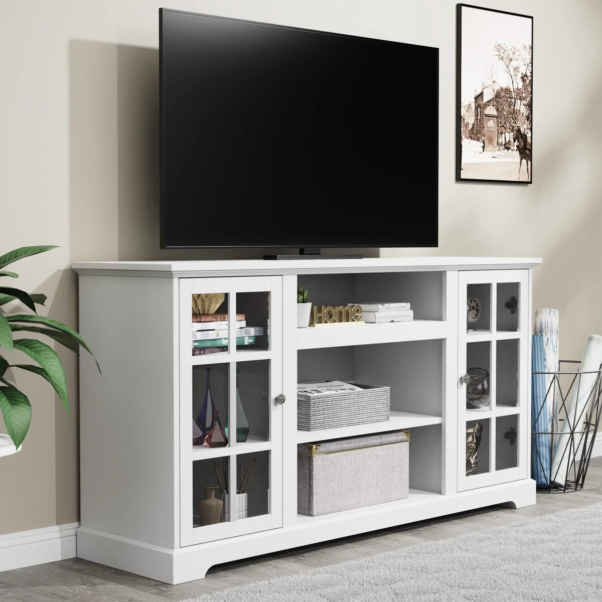 White Wood TV Stand with Glass Doors D2419