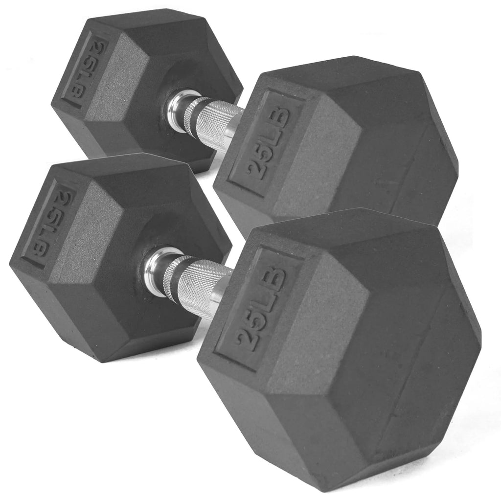 Pair of 25 lb Black Rubber Coated Hex Dumbbells S264531
