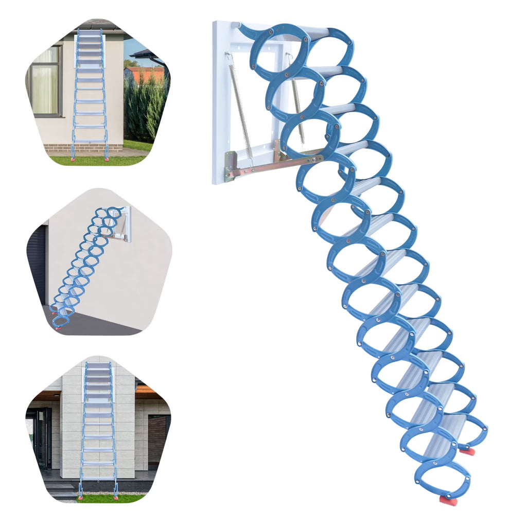 Telescopic Pulldown Attic Ladder with Armrests, 12-Steps Wall-Mounted Retractable Folding Stairs U67547