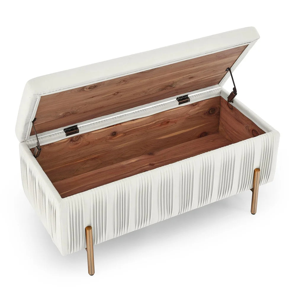 Beige Velvet Storage Bench with Cedar Wood Veneer L814077