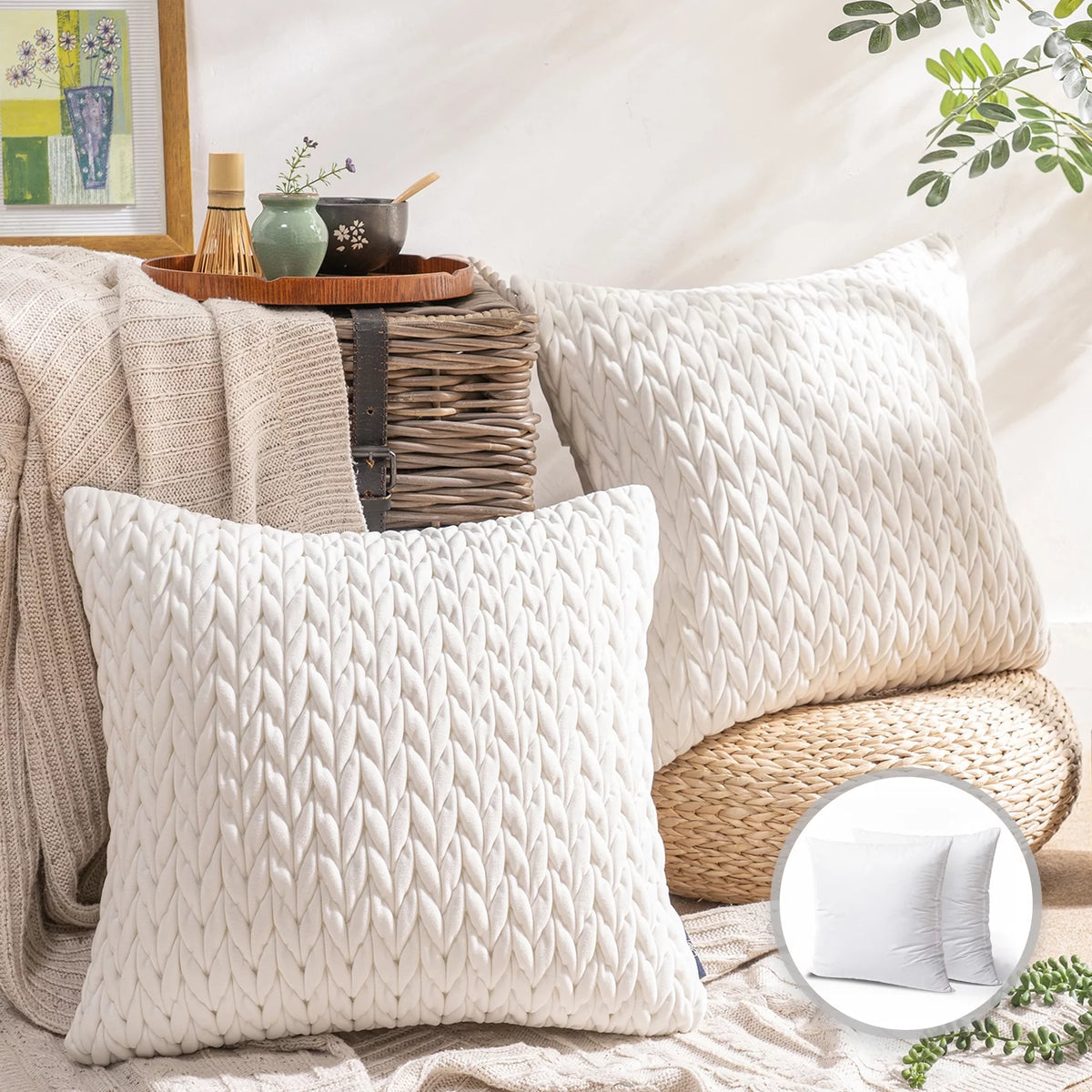 Off-White Polyester Throw Pillow, 2 Count E378