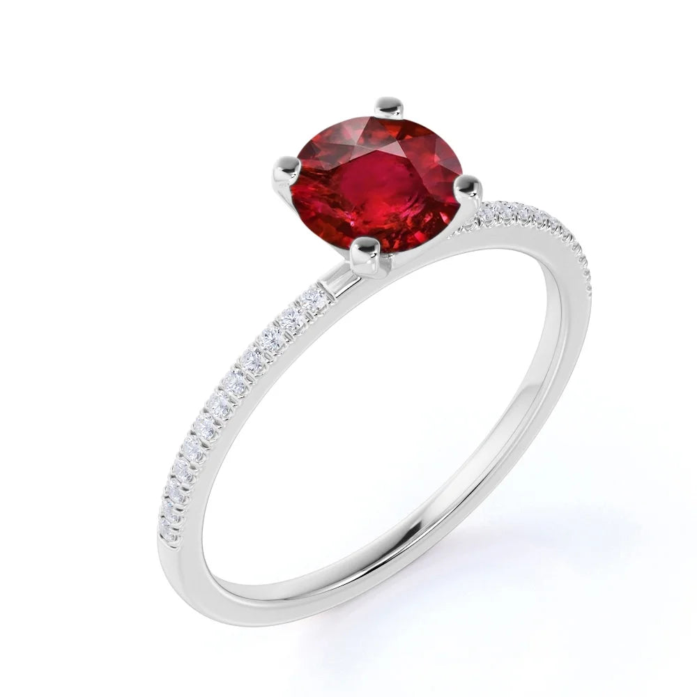 1 Carat Round Cut Simulated Ruby Engagement Ring in 18k White Gold over Silver G285