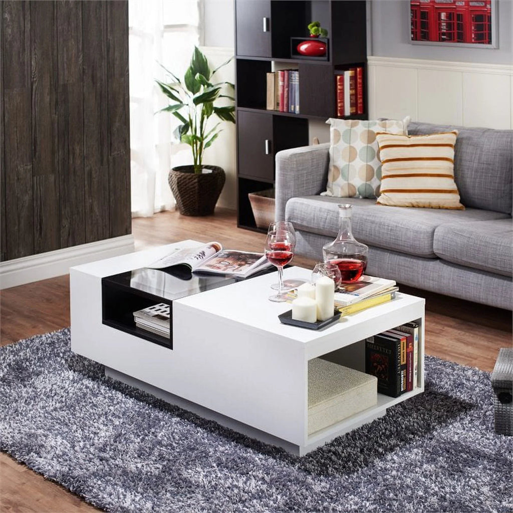 Modern Wood Storage Coffee Table in White and Black Q105