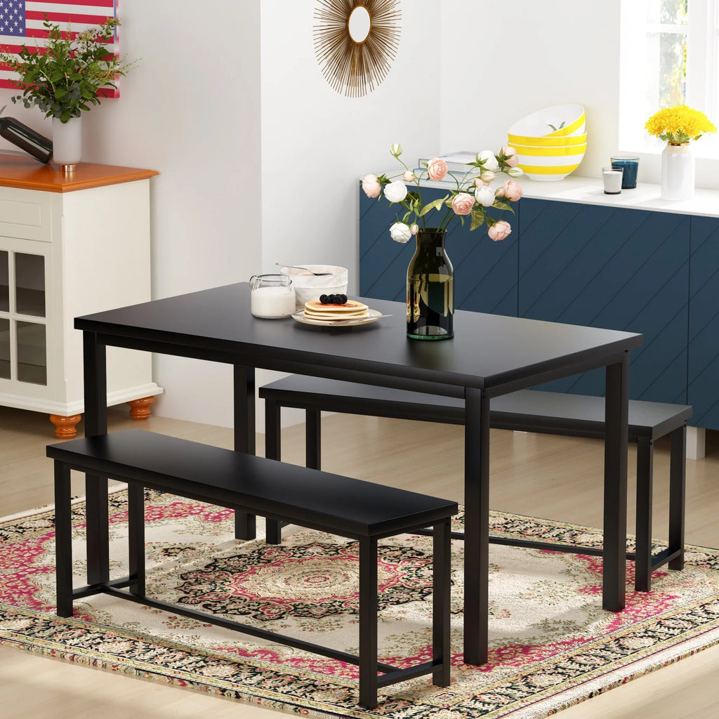 3 Piece Dining Table with 2 Benches Set Black B3272
