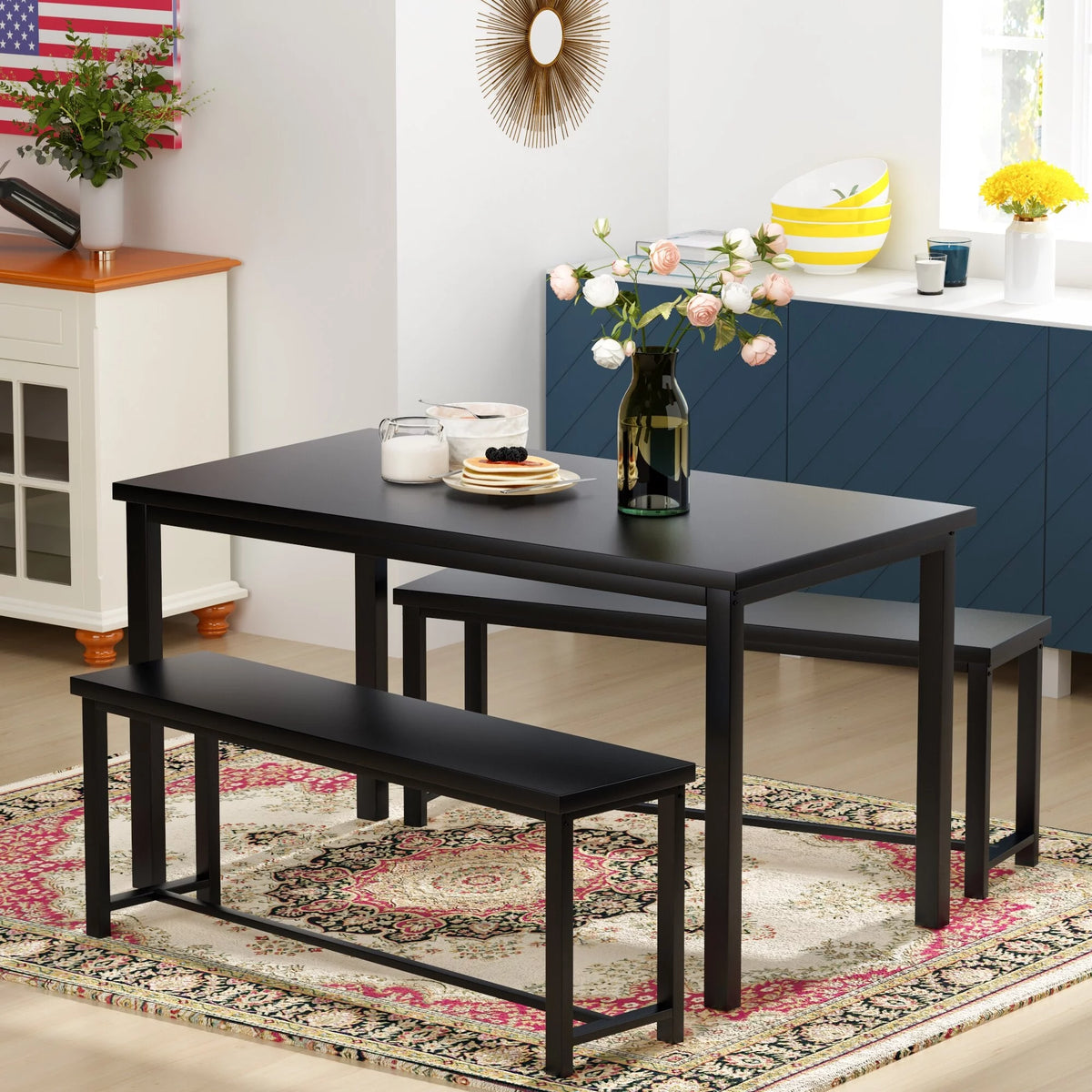 3 Piece Dining Table with 2 Benches Set Black B3272
