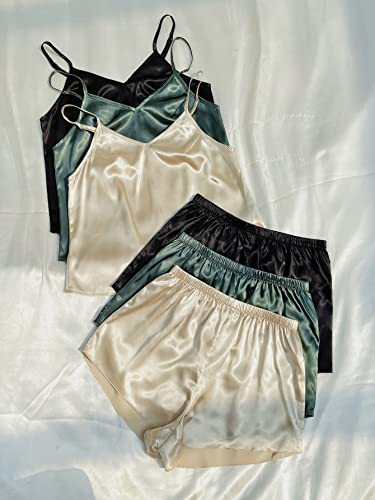 3 Sets Silk Satin Pajama Set Sleeveless V Neck Crop Cami Top and Shorts K5986
