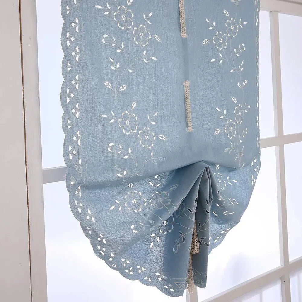 Blue Cotton Crochet Embroidered Roman Shade Curtains 32"x55" F623